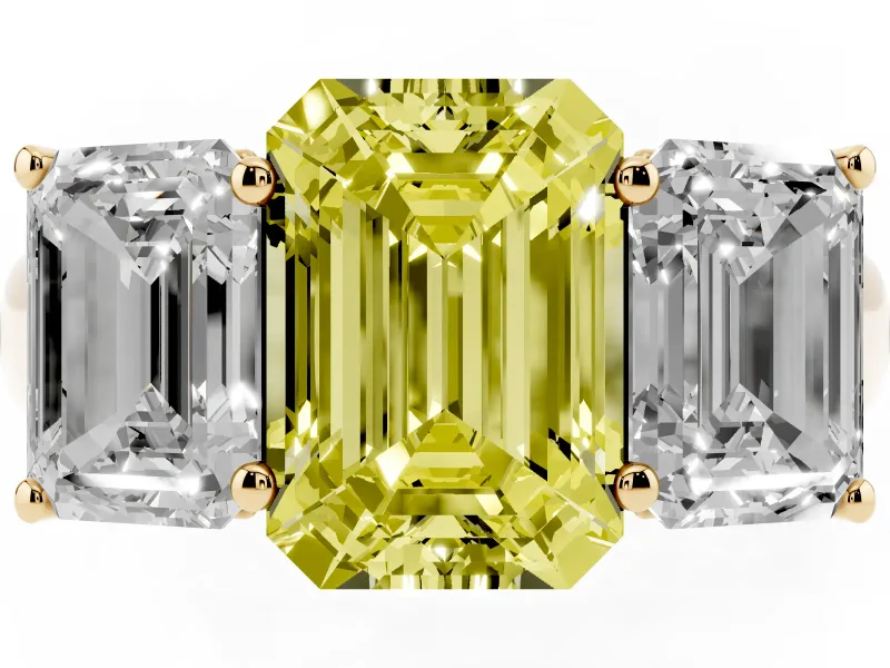 Emerald Cut Three Stone Engagement Ring Setting for a Fancy Yellow Lab-Grown Diamond | Basket Prong Heads | Yellow Gold