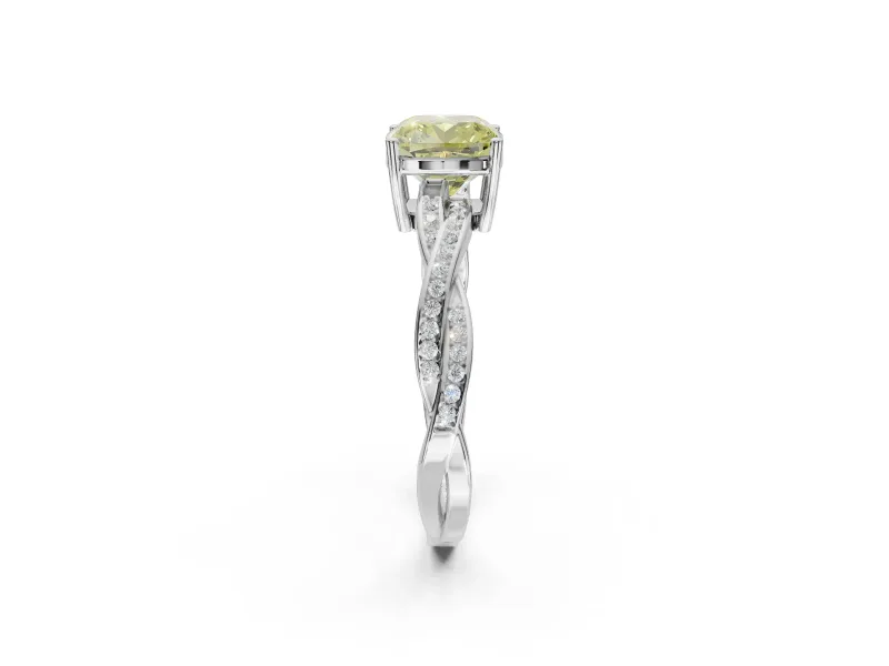 Cushion Cut Twisted Pavé Solitaire Engagement Ring Setting for a Fancy Yellow Lab-Grown Diamond | White Gold