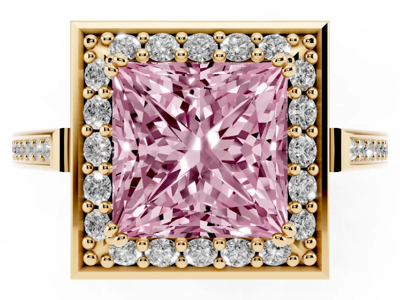 Princess Cut Halo Engagement Ring Setting for a Fancy Pink Lab-Grown Diamond | Polished Halo Rim | Yellow Gold