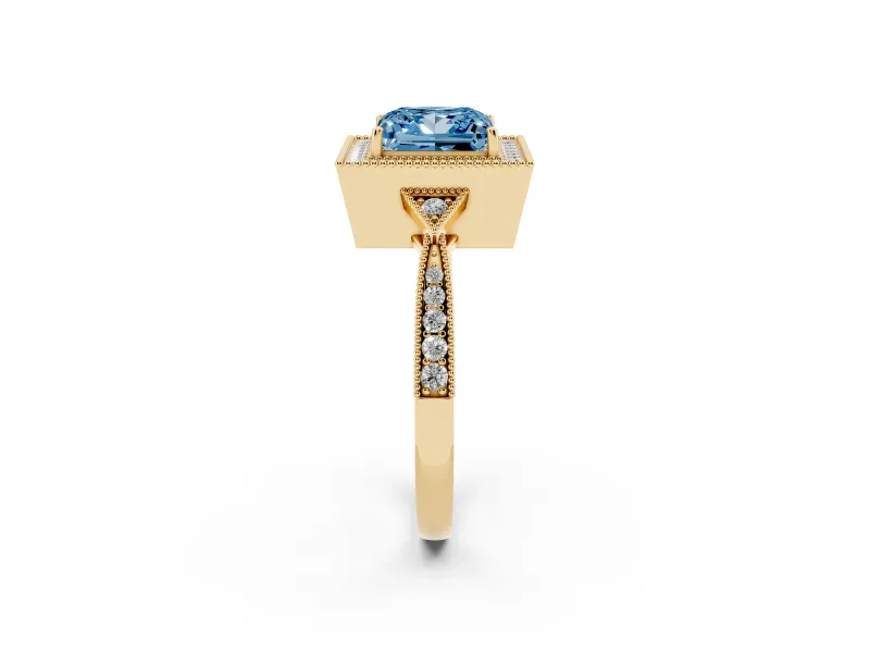 Fancy Blue Princess Cut Diamond Halo Engagement Ring Set in Yellow gold with Milgrain Pavé Band