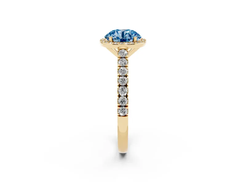 Round Halo Pavé Engagement Ring Setting for a Fancy Blue Lab-Grown Diamond | Yellow Gold