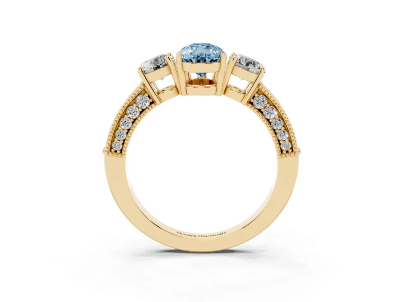 Pear-Shaped Three Stone Engagement Ring Setting for a Fancy Blue Lab-Grown Diamond | Graduated Pave Band | Yellow Gold