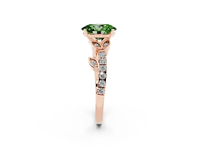Fancy Green Oval Cut Diamond Solitaire Leaf-Inspired Ring Set in Rose gold with Pavé Band and Prong Setting
