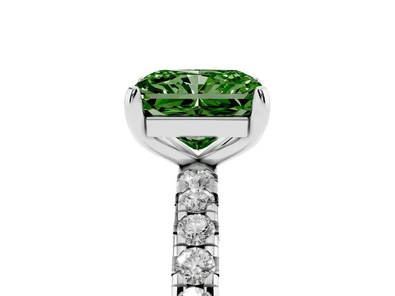 Fancy Green Radiant Cut Diamond Pavé Solitaire Ring Set in White gold with Round Band and Prong Setting