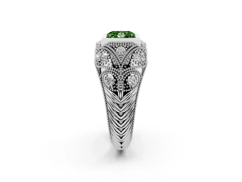 Fancy Green Princess Cut Diamond Bezel Ring Set in White gold with Milgrain Accent Band