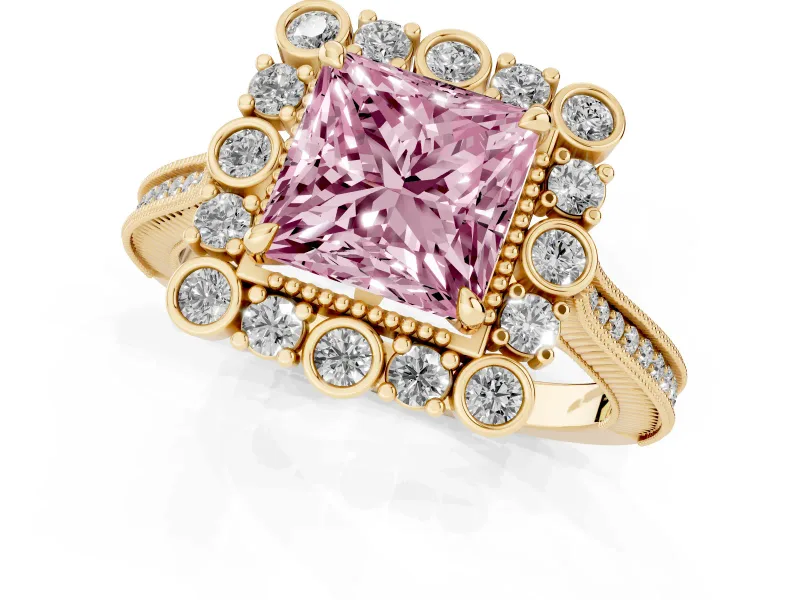 Fancy Pink Princess Cut Diamond Halo Milgrain Pavé Ring Set in Yellow gold with Prong Setting