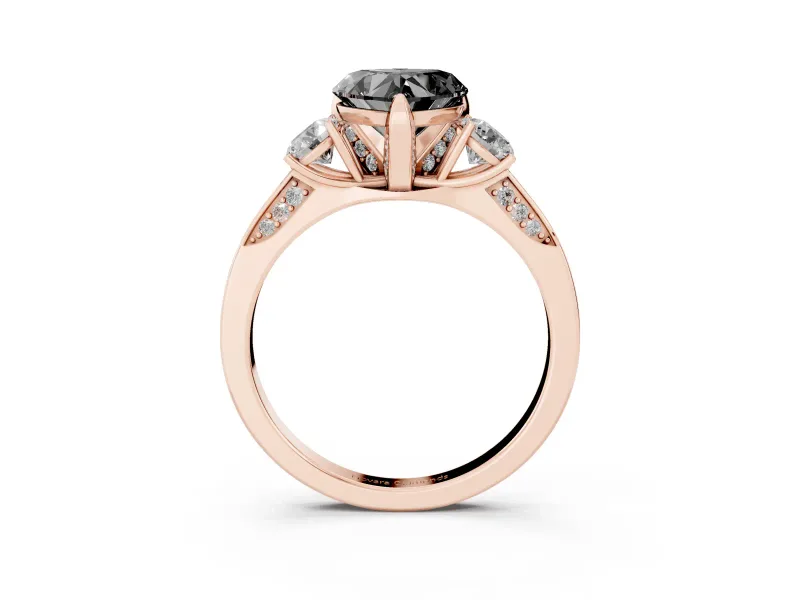 Heart-Shaped Hidden Halo Three Stone Engagement Ring Setting for a Black Center | Rose Gold