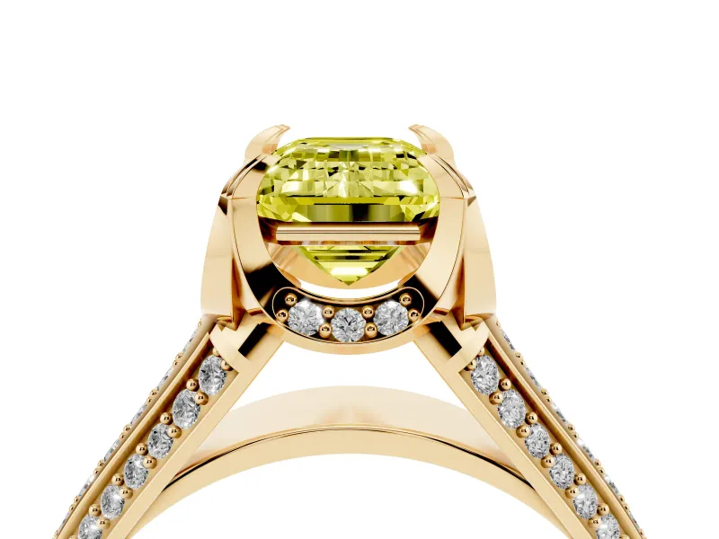 Fancy Yellow Emerald Cut Diamond Pavé Split Shank Solitaire Ring Set in Yellow gold with Prong Setting