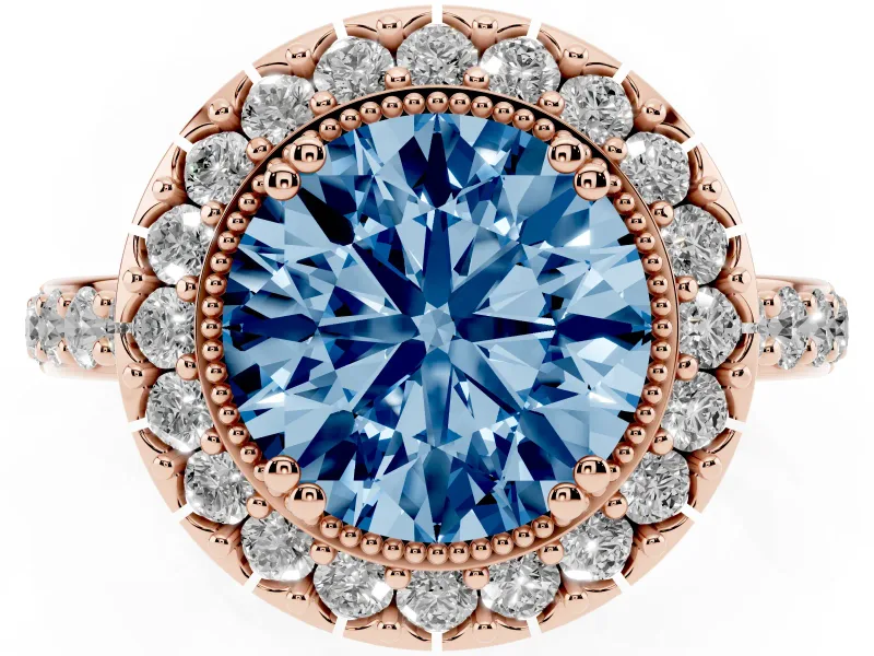 Round Vintage Milgrain Halo Engagement Ring Setting for a Fancy Blue Lab-Grown Diamond | Pierced Gallery | Rose Gold