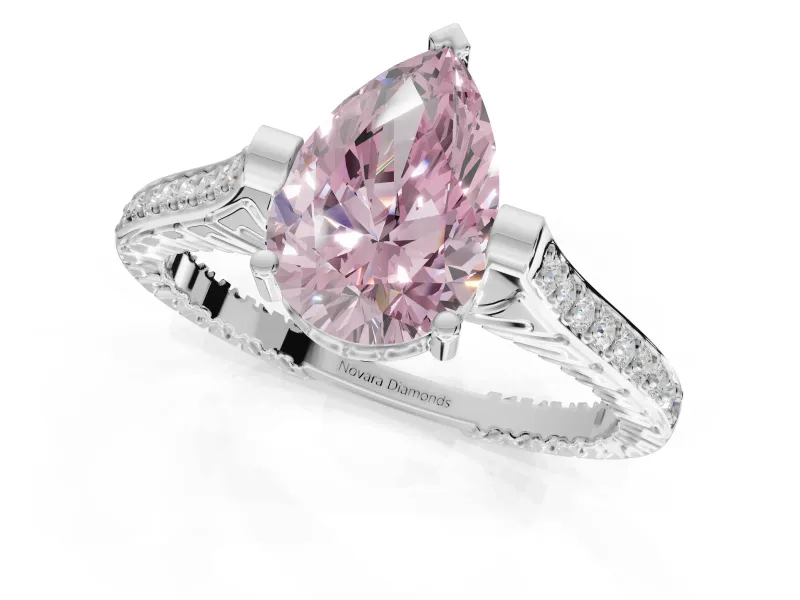 Pear-Shaped Vintage Cathedral Engagement Ring Setting for a Fancy Pink Lab-Grown Diamond | Carved Band | Sterling Silver
