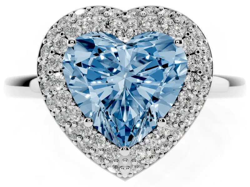 Fancy Blue Heart Cut Diamond Halo Engagement Ring Set in White gold with Solitaire Band and Prong Setting