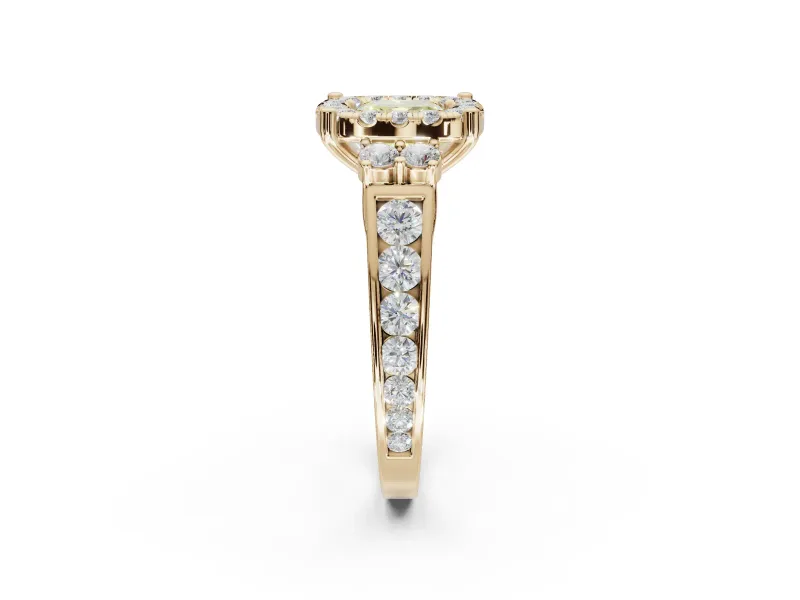 Cushion Cut Halo Engagement Ring Setting for a Fancy Yellow Lab-Grown Diamond | Graduated Channel Band | Yellow Gold