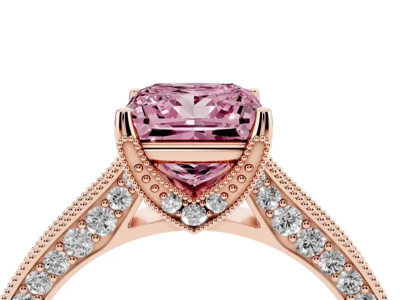 Princess Cut Hidden Halo Engagement Ring Setting for a Fancy Pink Lab-Grown Diamond | Milgrain Pave | Rose Gold