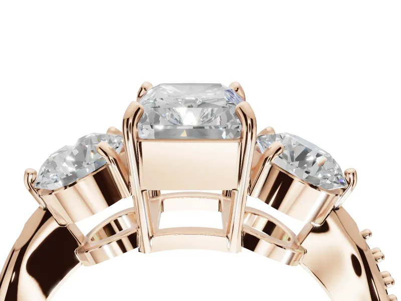 Radiant Cut Three Stone Engagement Ring Setting | Tapered Pave Band | Rose Gold