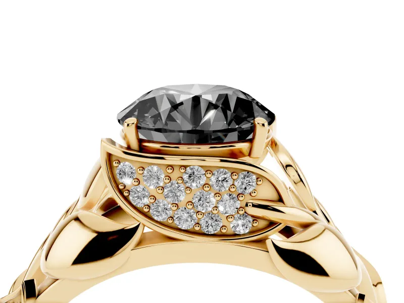 Round Leaf Bypass Engagement Ring Setting for a Black Center | Pavé Leaf Accents | Yellow Gold