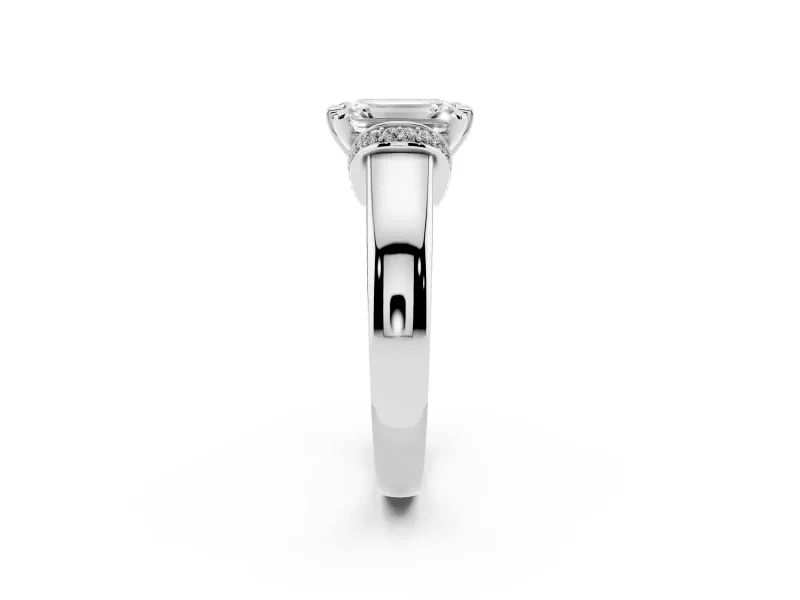 Emerald Cut Pavé Collar Solitaire Engagement Ring Setting | Wide Polished Band | White Gold