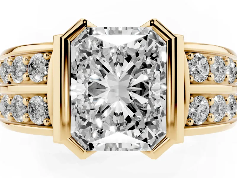 Radiant Cut Half Bezel Engagement Ring Setting | Double Row Channel Band | Yellow Gold