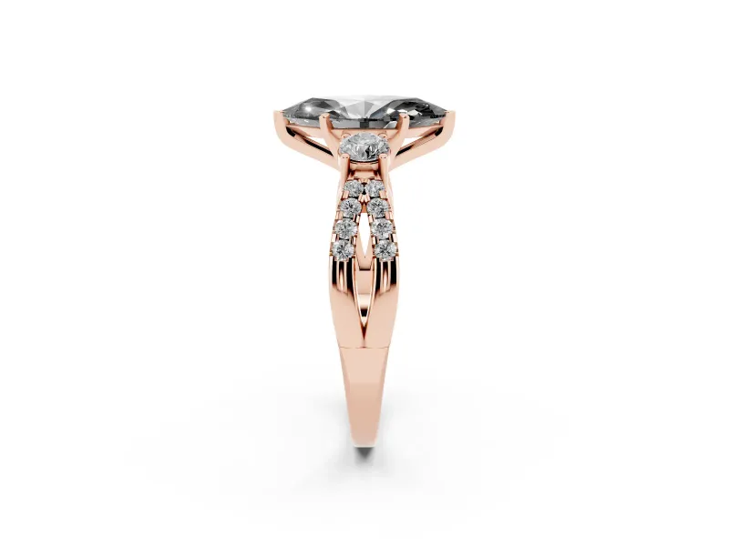 Fancy Black Marquise Cut Diamond Three-Stone Ring Set in Rose gold with Pavé Split Shank and Prong Setting