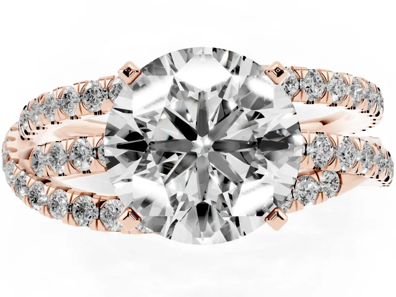 Round Cut Diamond Solitaire Twist Band Ring Set in Rose gold with Pavé Setting and Prong Head