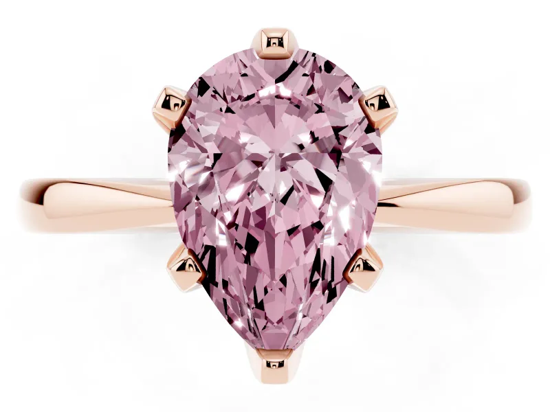 Fancy Pink Pear Cut Diamond Solitaire Engagement Ring Set in Rose gold with Slim Tapered Solitaire Band