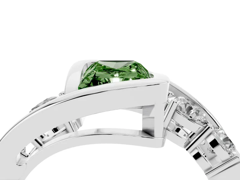 Fancy Green Radiant Cut Diamond Bezel Bypass Ring Set in White gold with Round Accents