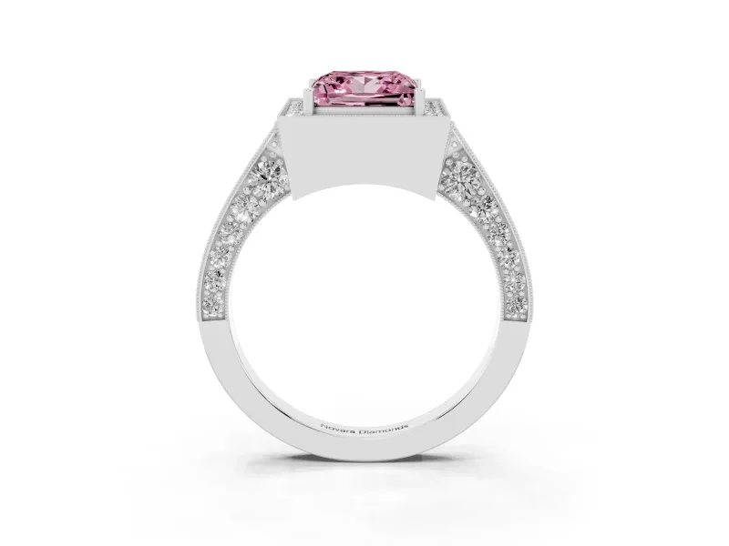 Princess Cut Milgrain Halo Engagement Ring Setting for a Fancy Pink Lab-Grown Diamond | Side Stones | White Gold