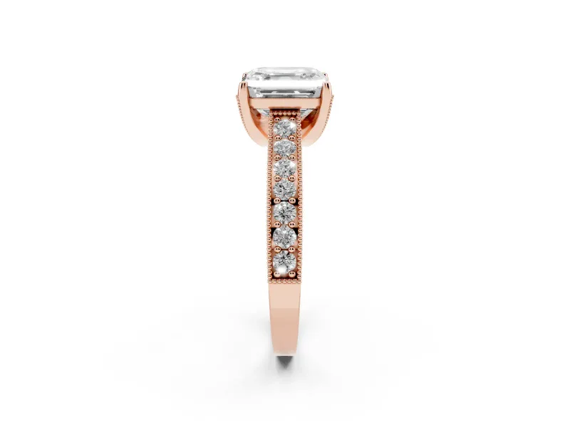 Asscher Cut Vintage Hidden Halo Engagement Ring Setting | Milgrain Pave Band | Rose Gold