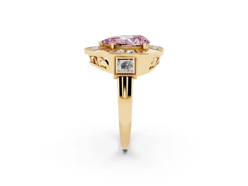 Fancy Pink Pear Cut Diamond Milgrain Halo Ring Set in Yellow gold with Split Shank