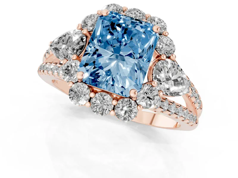 Radiant Cut Scalloped Halo Engagement Ring Setting for a Fancy Blue Lab-Grown Diamond | Pear Side Stones | Rose Gold