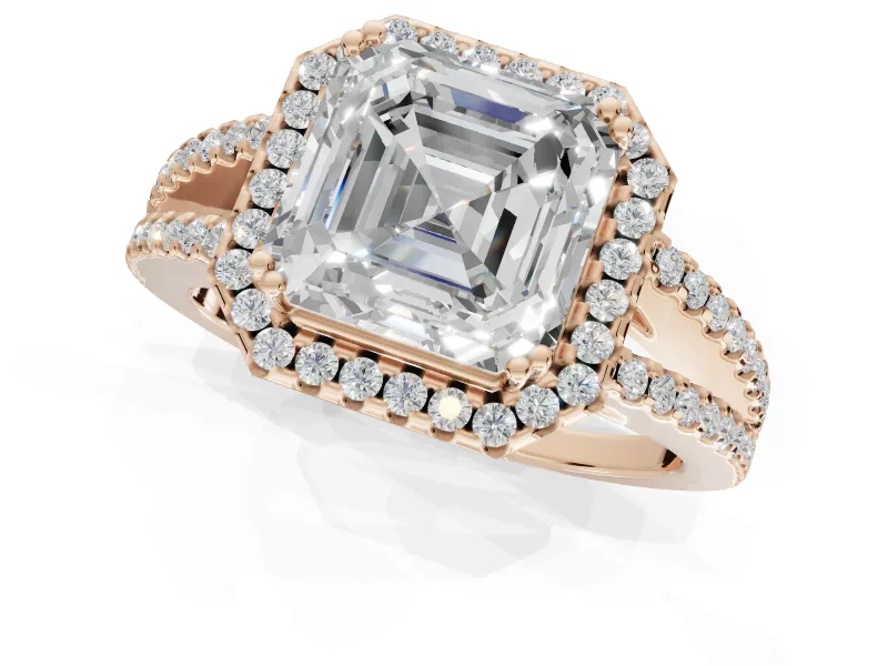 Asscher Cut Halo Split Shank Engagement Ring Setting | Pavé Shoulders | Rose Gold