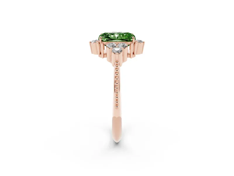 Fancy Green Radiant Cut Diamond Cluster Ring Set in Rose gold with Beaded Band