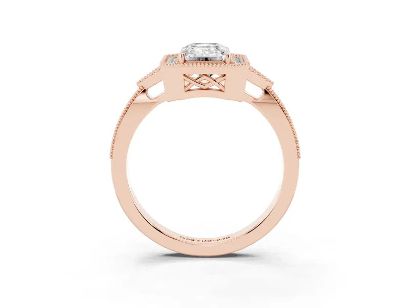 Emerald Cut Vintage Milgrain Halo Engagement Ring Setting | Graduated Pavé Band | Rose Gold