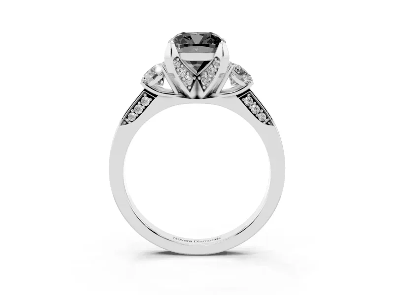Cushion Cut Hidden Halo Three Stone Engagement Ring Setting for a Black Center | White Gold