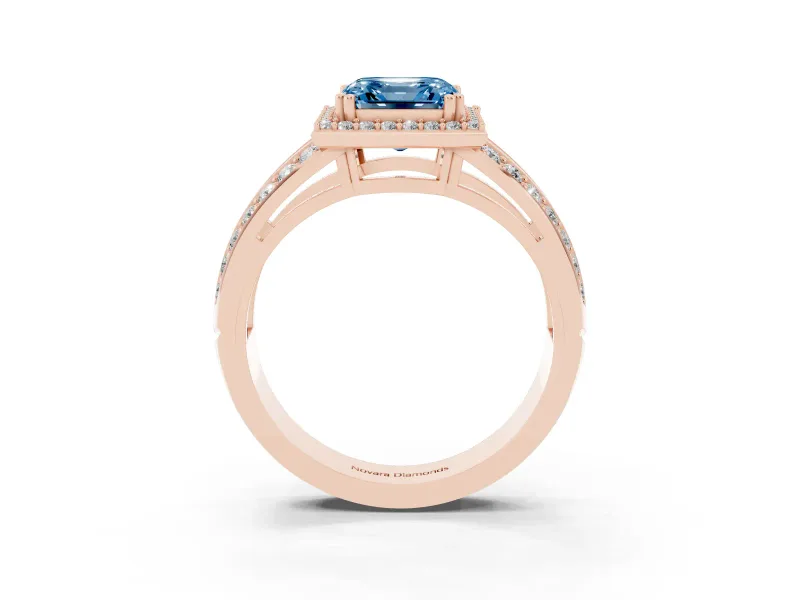 Asscher Cut Halo Engagement Ring Setting for a Fancy Blue Lab-Grown Diamond | Two-Row Pave Split Shank | Rose Gold