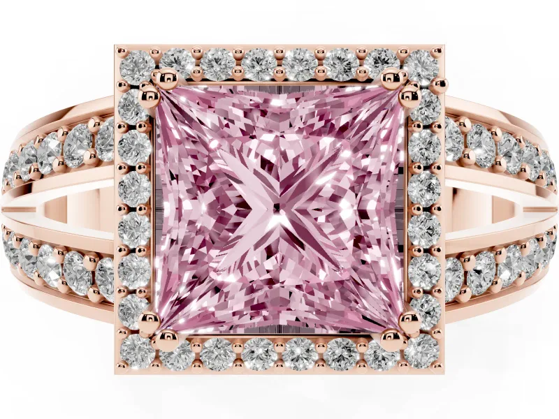 Princess Cut Halo Engagement Ring Setting for a Fancy Pink Lab-Grown Diamond | Two-Row Pave Split Shank | Rose Gold