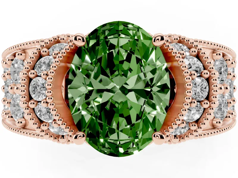 Oval Vintage Milgrain Pave Engagement Ring Setting for a Fancy Green Lab-Grown Diamond | Crescent Side Rows | Rose Gold