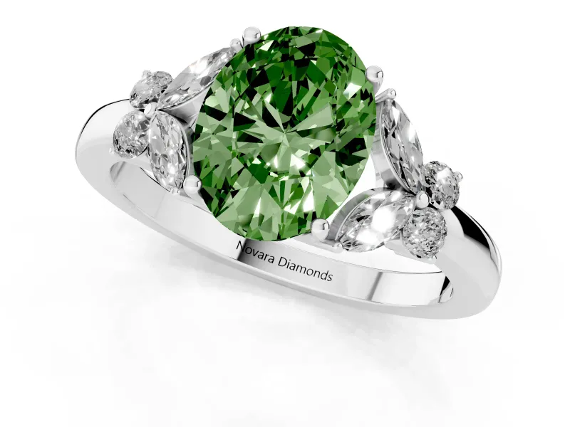 Fancy Green Oval Cut Diamond Solitaire Floral Ring Set in Silver with Marquise Petals and Prong Setting