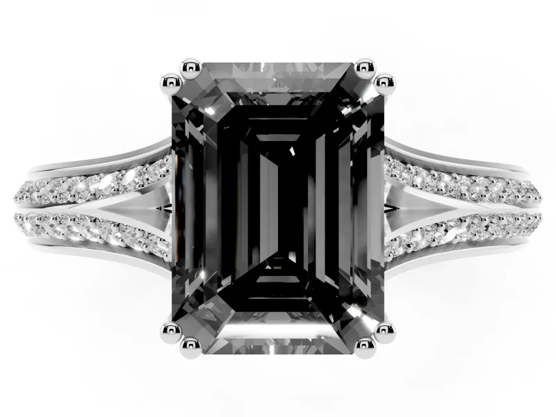 Emerald Cut Split Shank Engagement Ring Setting for a Black Center | Pavé Band | White Gold