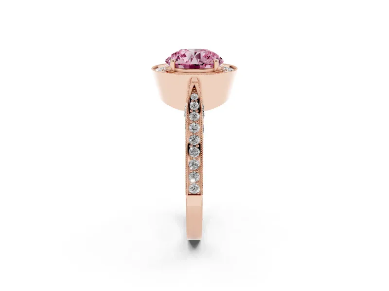 Round Milgrain Halo Engagement Ring Setting for a Fancy Pink Lab-Grown Diamond | Side Stones | Rose Gold