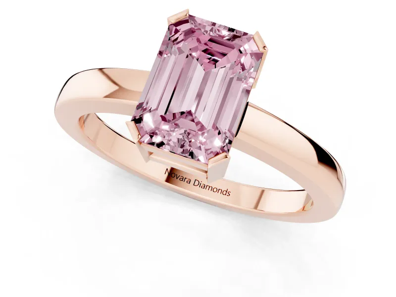 Fancy Pink Emerald Cut Diamond Solitaire Ring Set in Rose gold with Prong Head and Smooth Polished Band