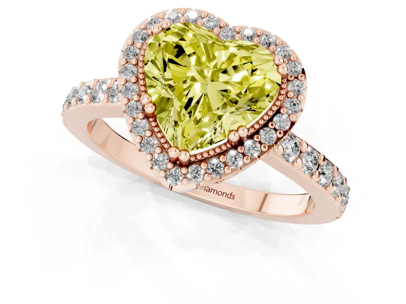 Fancy Yellow Heart Cut Diamond Halo Engagement Ring Set in Rose gold with Milgrain Detail and Pavé Band