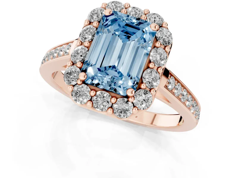 Fancy Blue Emerald Cut Diamond Floral Halo Ring Set in Rose gold with Pavé Band and Prong Setting