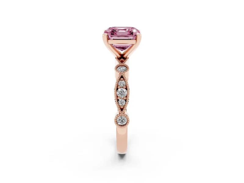 Fancy Pink Asscher Cut Diamond Solitaire Engagement Ring Set in Rose gold with Milgrain Bezel Accent Band
