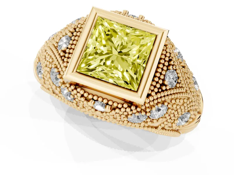 Fancy Yellow Princess Cut Diamond Bezel Ring Set in Yellow gold with Milgrain Accent Band