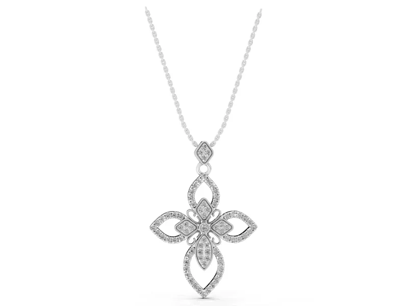 Round Lab-Grown Diamond Pavé Floral Cross Pendant Necklace | Petal Arms | White Gold
