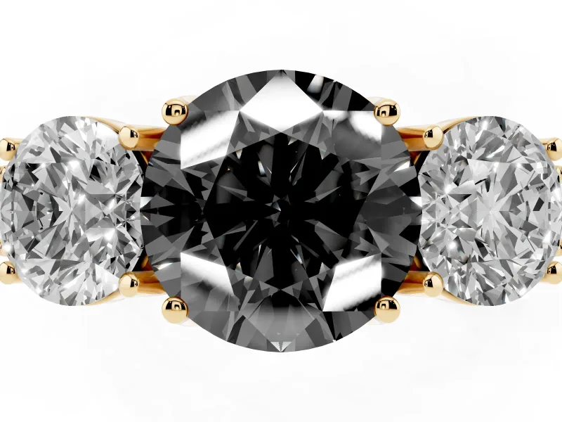 Round Vintage Three Stone Engagement Ring Setting for a Black Center | Yellow Gold