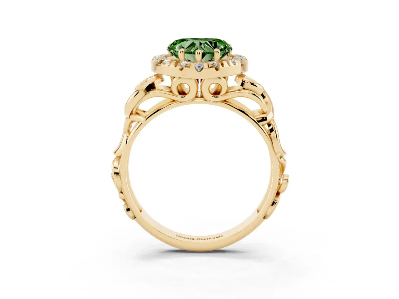 Heart-Shaped Filigree Halo Engagement Ring Setting for a Fancy Green Lab-Grown Diamond | Yellow Gold