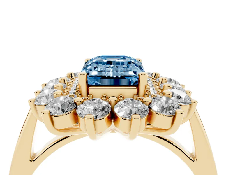 Emerald Cut Floral Double Halo Engagement Ring Setting for a Fancy Blue Lab-Grown Diamond | Plain Band | Yellow Gold