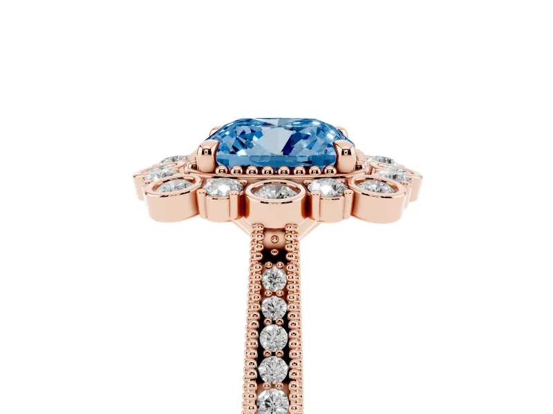 Fancy Blue Cushion Cut Diamond Halo Milgrain Pavé Ring Set in Rose gold with Prong Setting