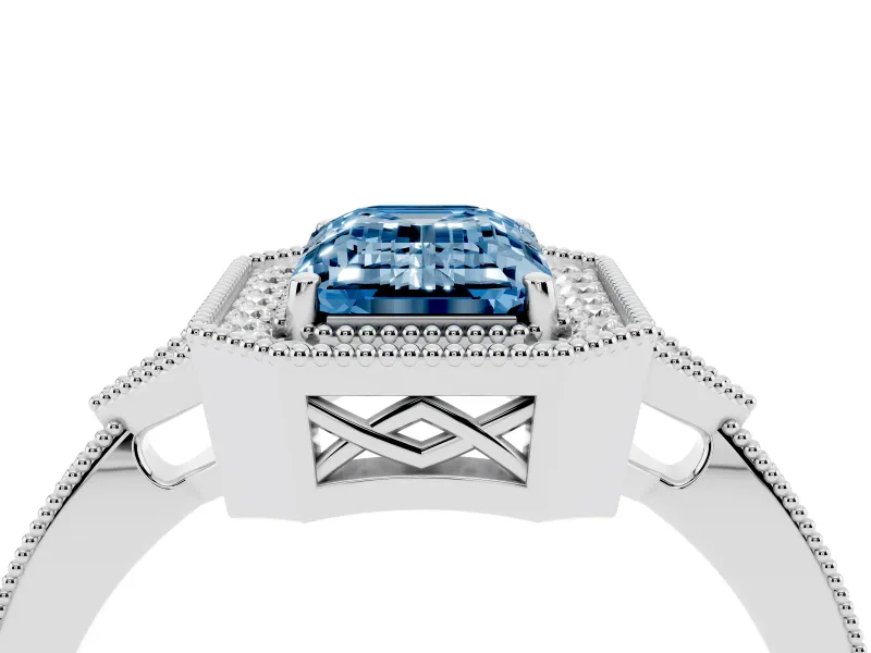 Emerald Cut Milgrain Halo Engagement Ring Setting for a Fancy Blue Lab-Grown Diamond | Graduated Pavé | White Gold